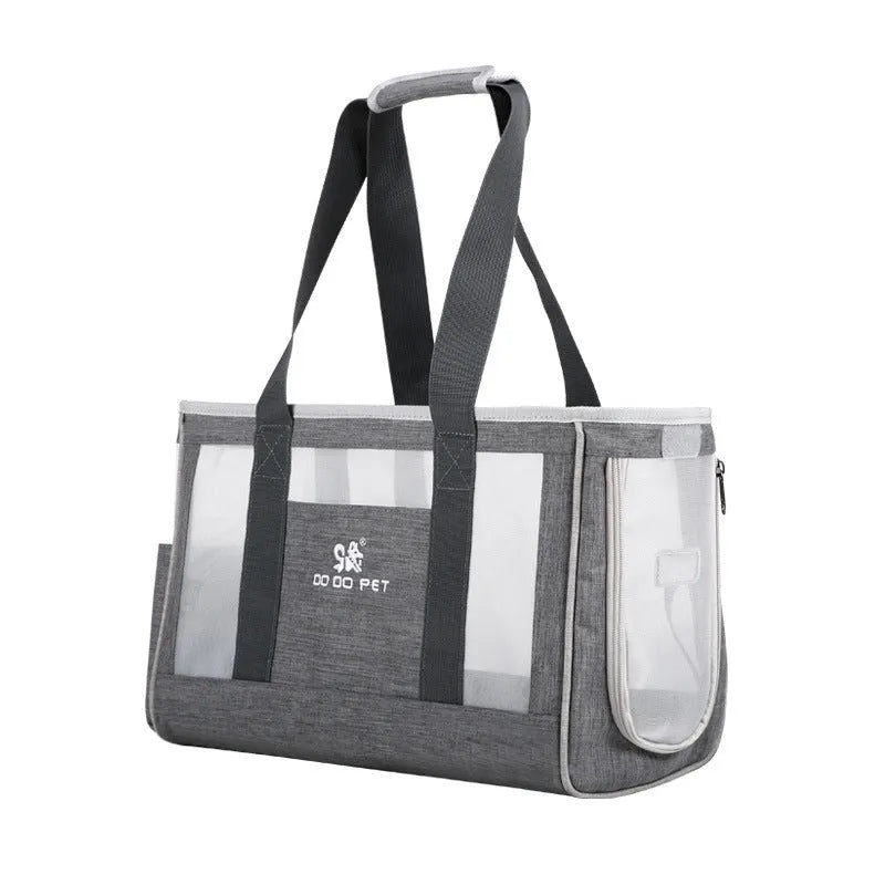 Pet carrier backpack in grey Oxford cloth with breathable mesh panels, large capacity for small dogs or cats