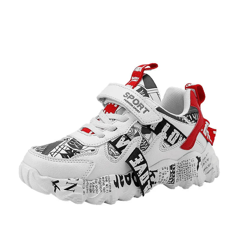 Boys' Velcro sports sneakers in beige blue, white red, and bright red colour options with rubber soles