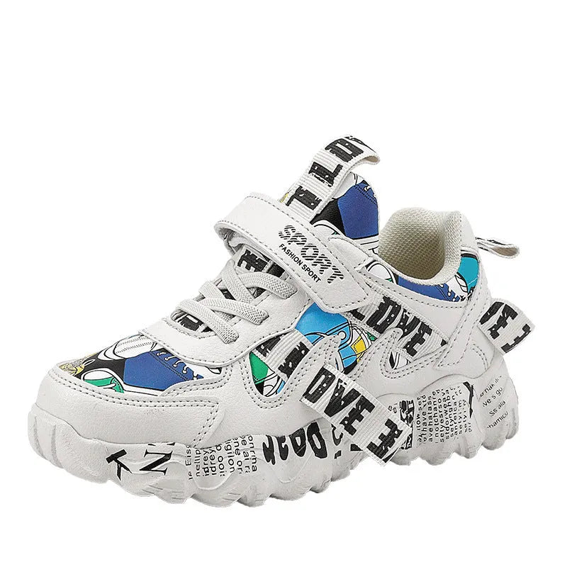Boys' Velcro sports sneakers in beige blue, white red, and bright red colour options with rubber soles