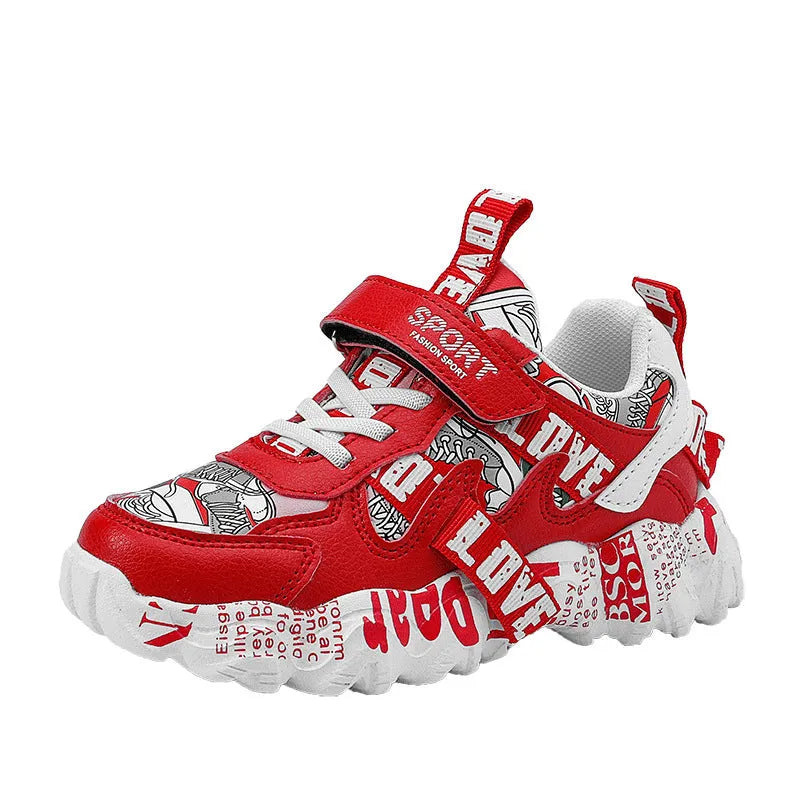 Boys' Velcro sports sneakers in beige blue, white red, and bright red colour options with rubber soles