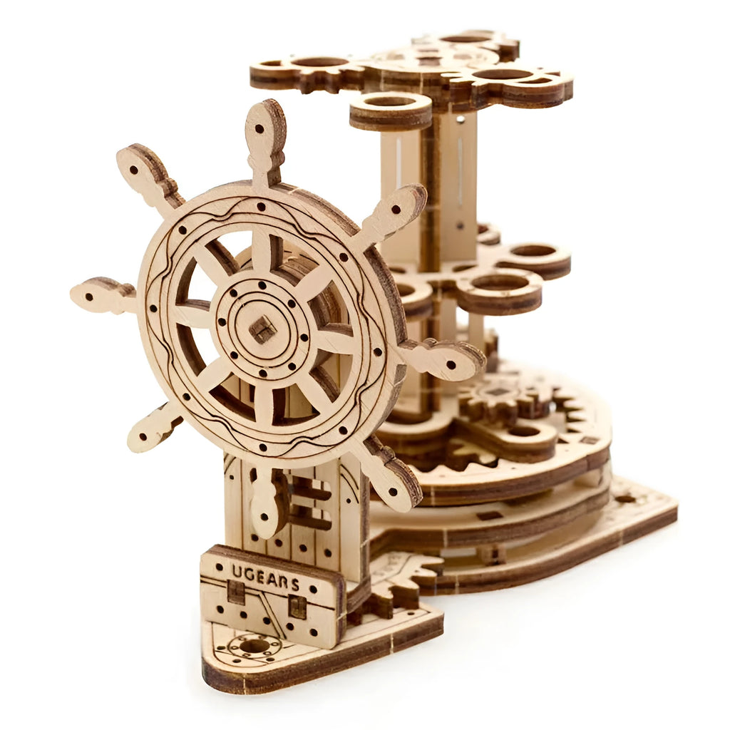 Ukrainian wooden rotating pen holder assembly kit showing photo colour finished model.
