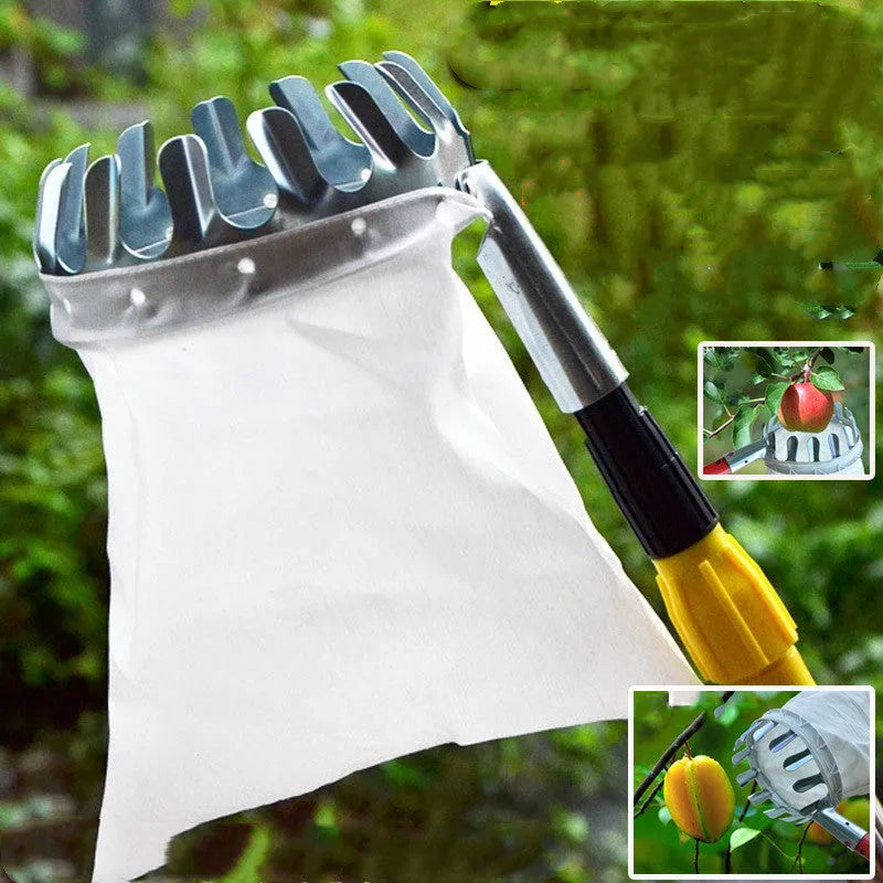 Steel-frame fruit picker basket with cloth catcher bag for garden fruit harvesting