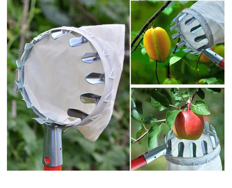 Steel-frame fruit picker basket with cloth catcher bag for garden fruit harvesting