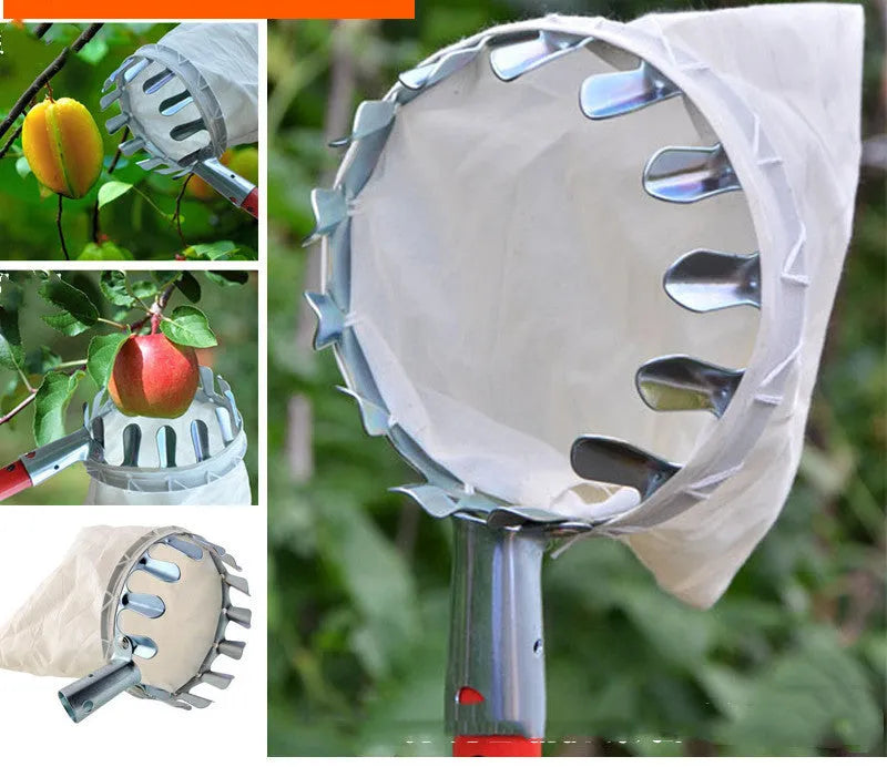 Steel-frame fruit picker basket with cloth catcher bag for garden fruit harvesting