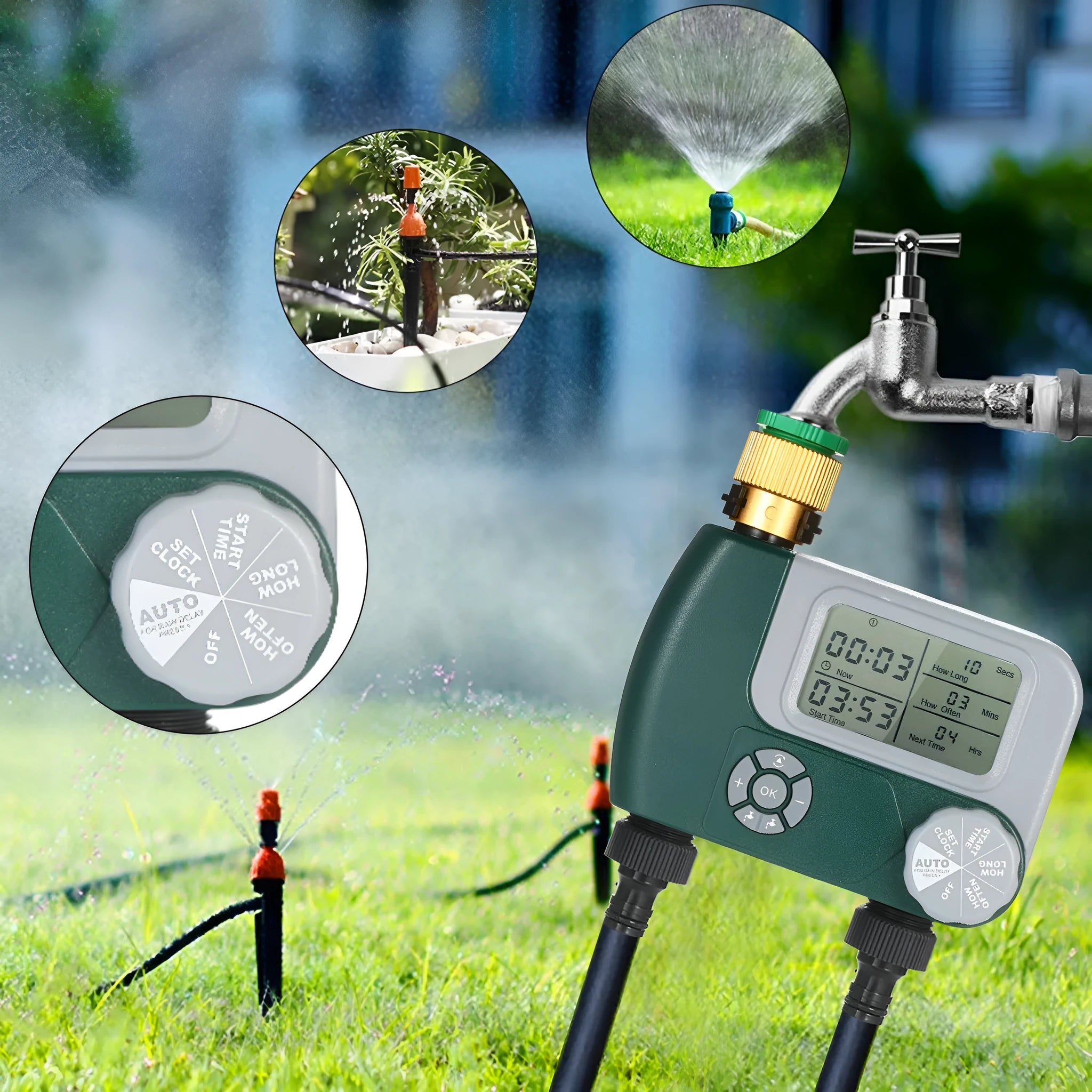 Green programmable digital garden hose faucet timer with large display and copper connector
