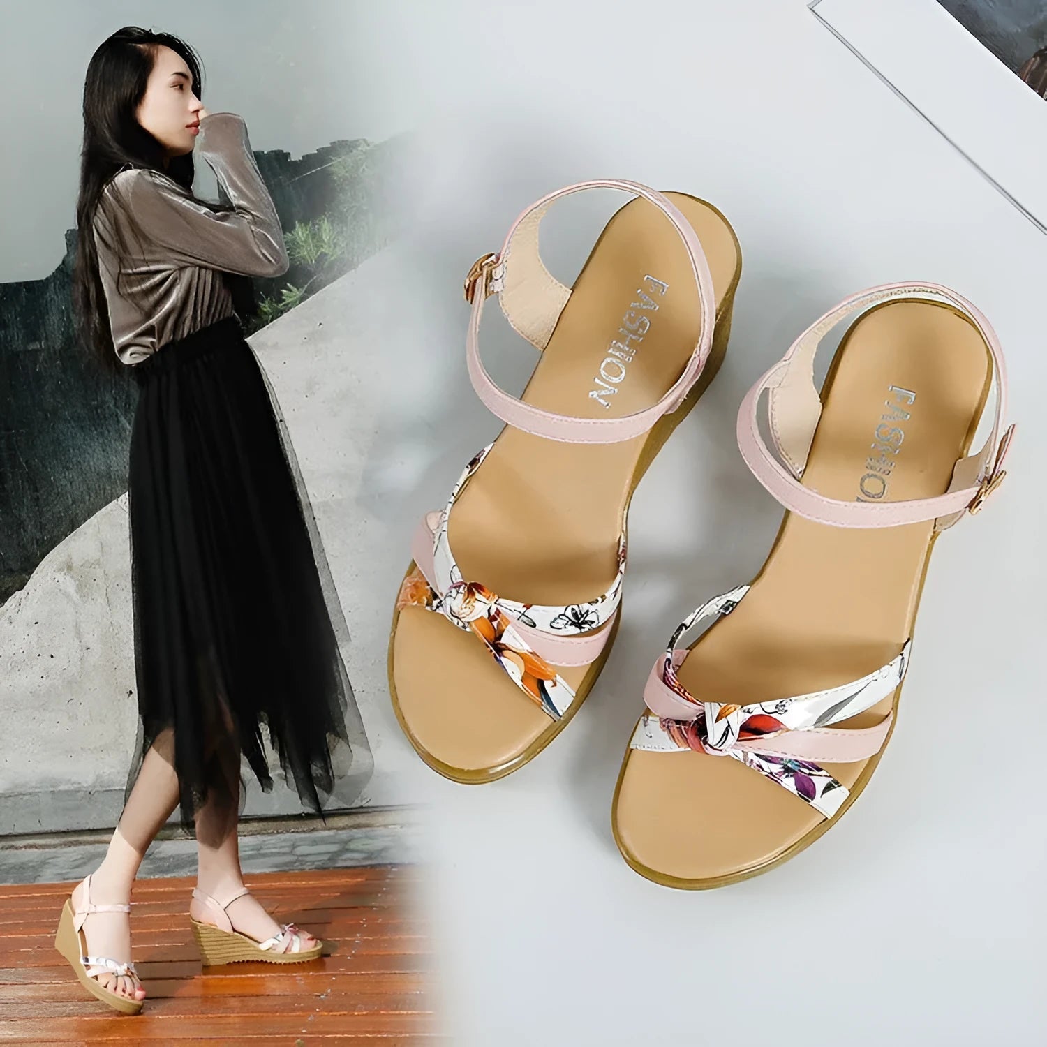 Women's pink PU wedge sandals with a thick heel, fish mouth design, and an adjustable buckle.