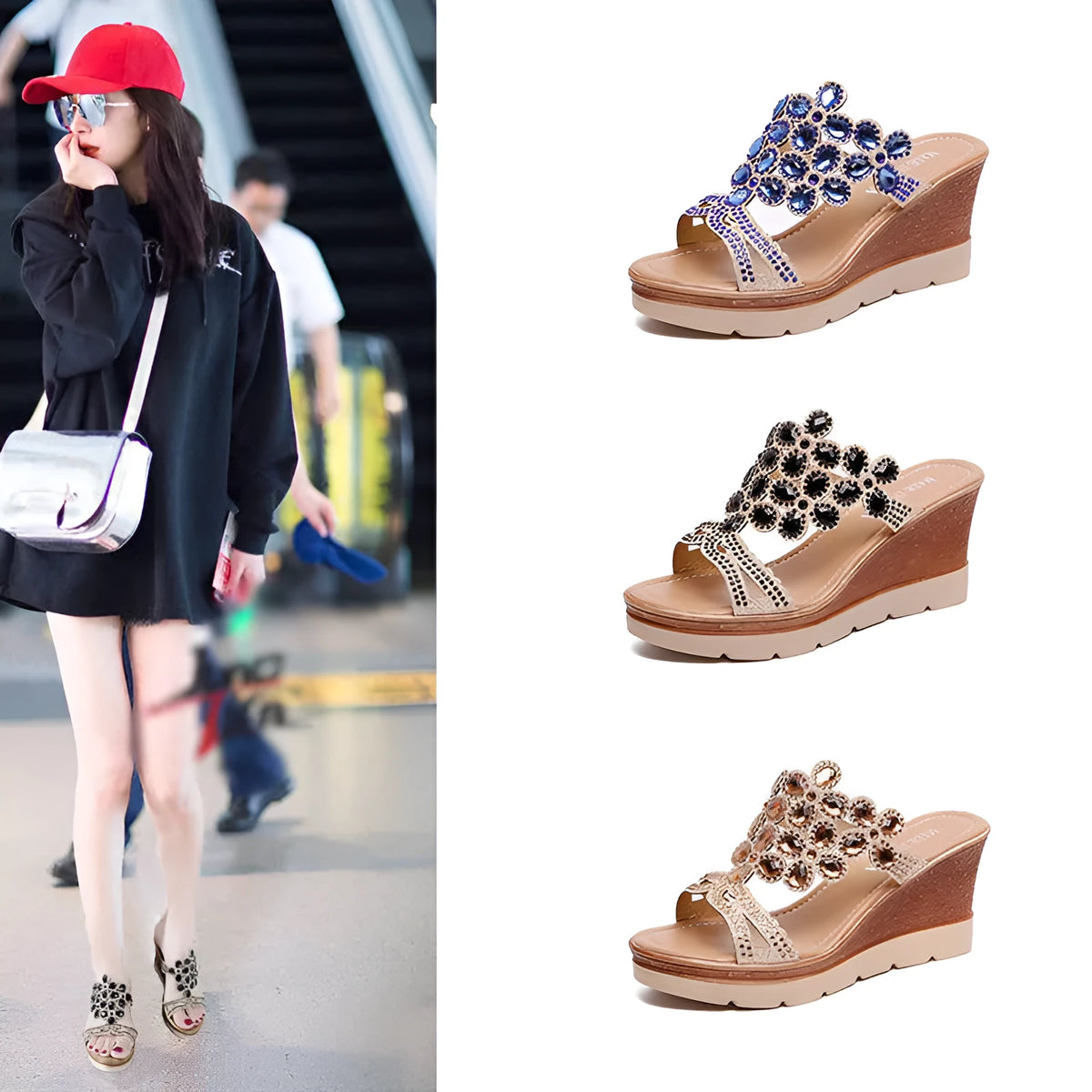 Rhinestone platform wedge sandals with slope heels in solid colour