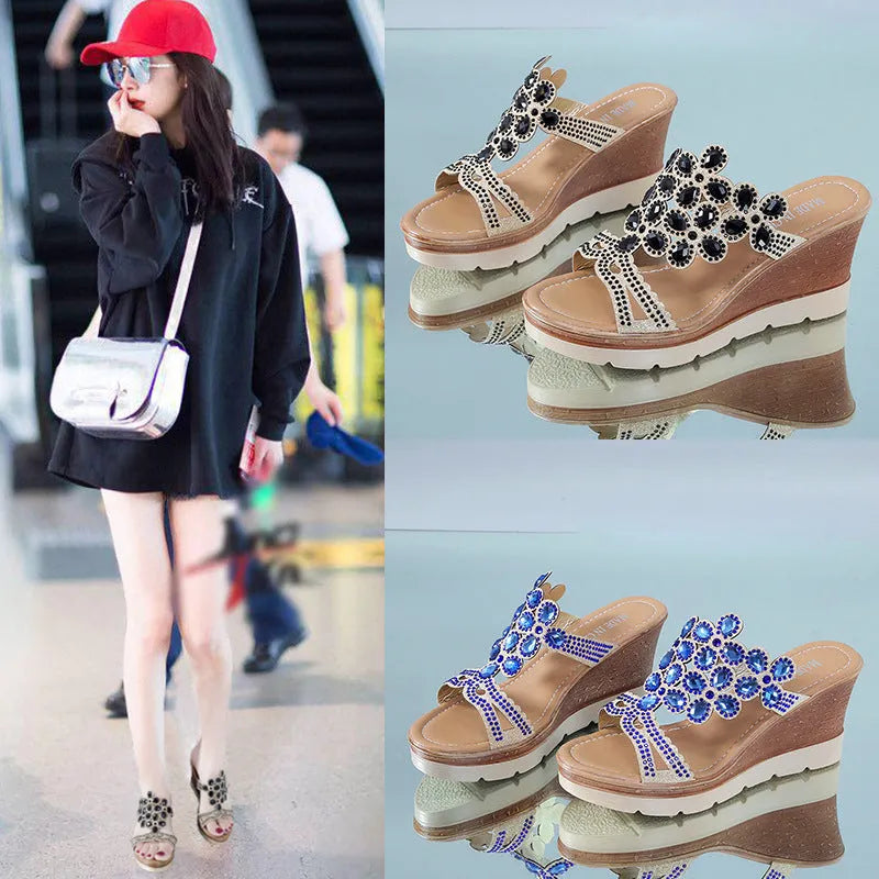Rhinestone platform wedge sandals with slope heels in solid colour
