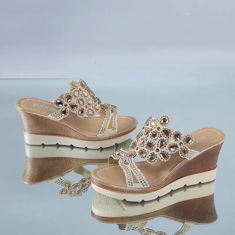 Rhinestone platform wedge sandals with slope heels in solid colour