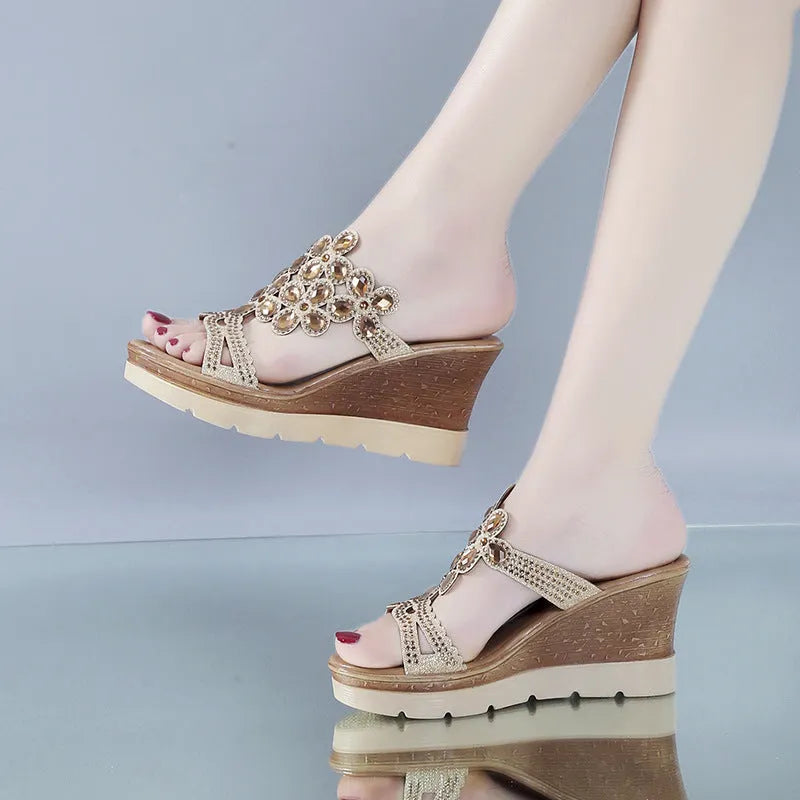 Rhinestone platform wedge sandals with slope heels in solid colour