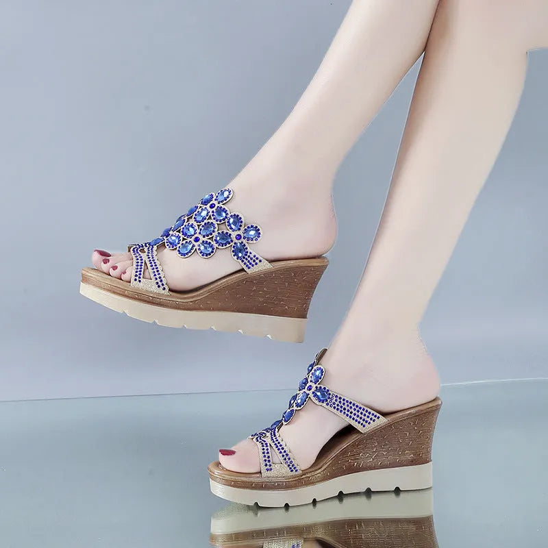 Rhinestone platform wedge sandals with slope heels in solid colour