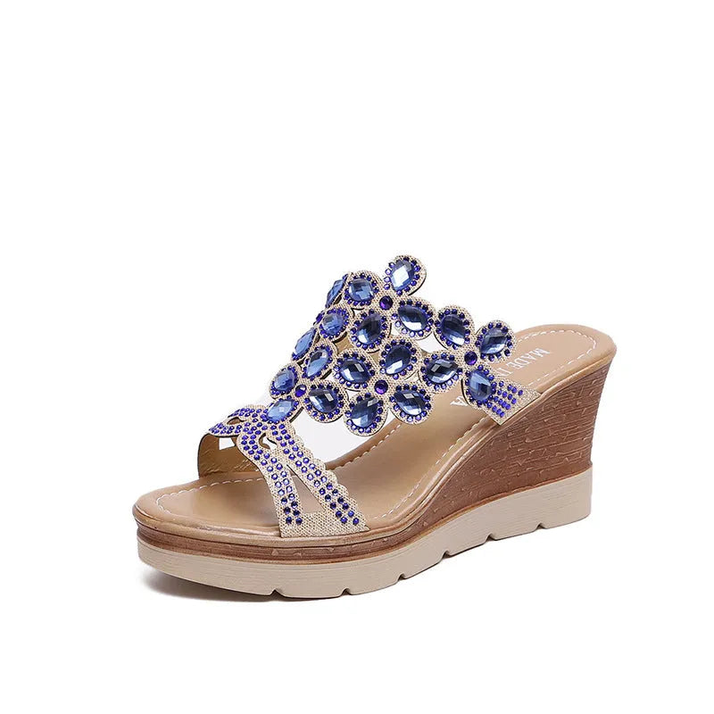 Rhinestone platform wedge sandals with slope heels in solid colour