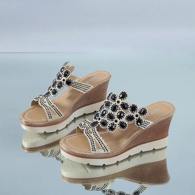 Rhinestone platform wedge sandals with slope heels in solid colour