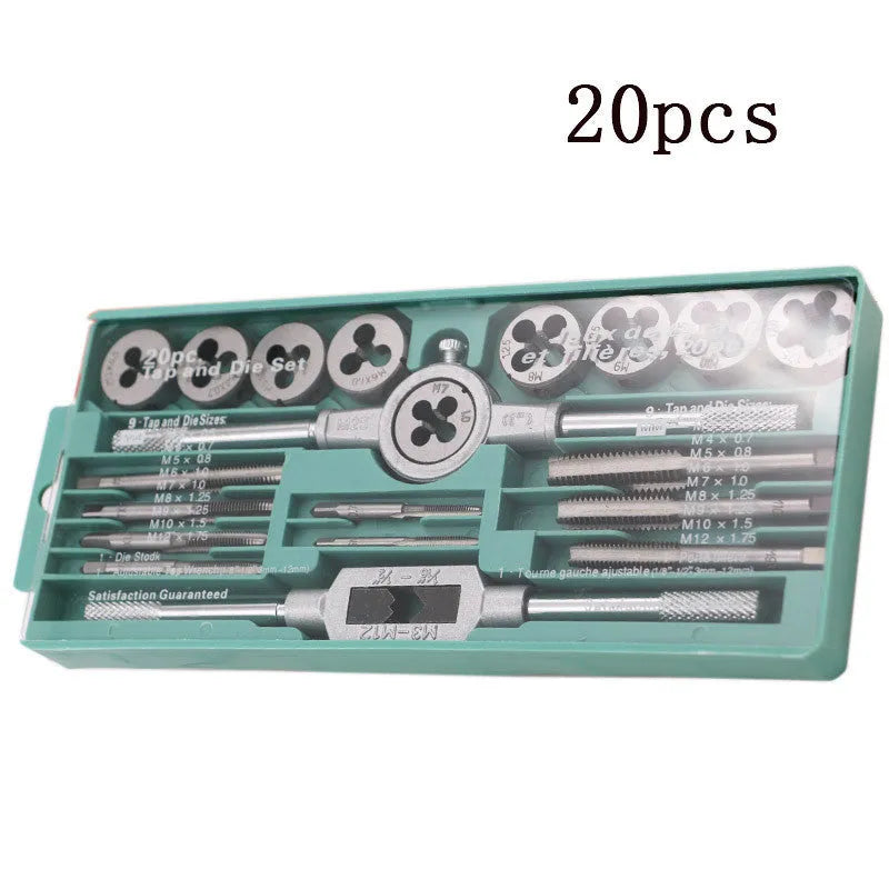 20-piece metric tap and die set with alloy steel construction and silver/titanium-plated taps