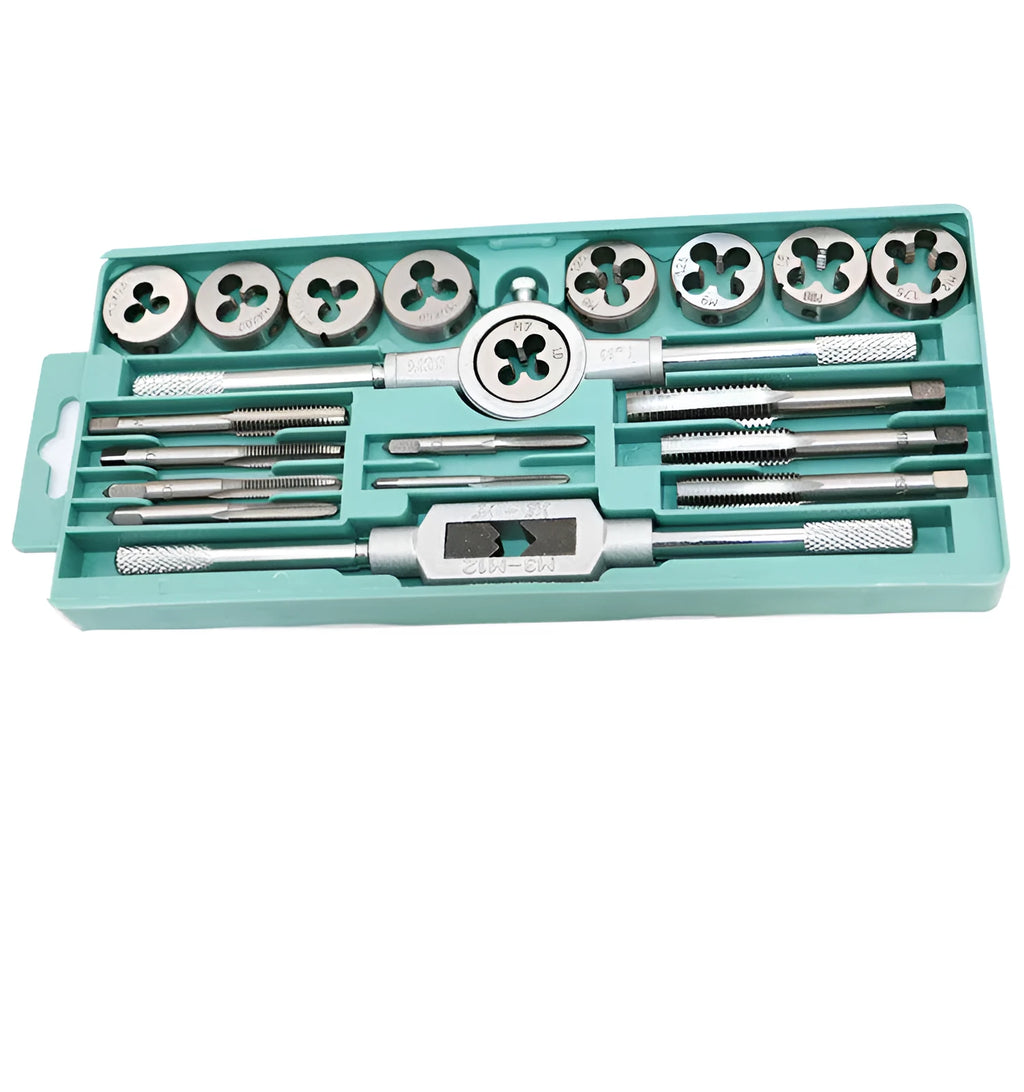 20-piece metric tap and die set with alloy steel construction and silver/titanium-plated taps