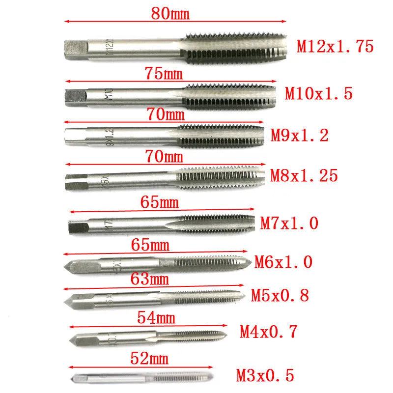 20-piece metric tap and die set with alloy steel construction and silver/titanium-plated taps