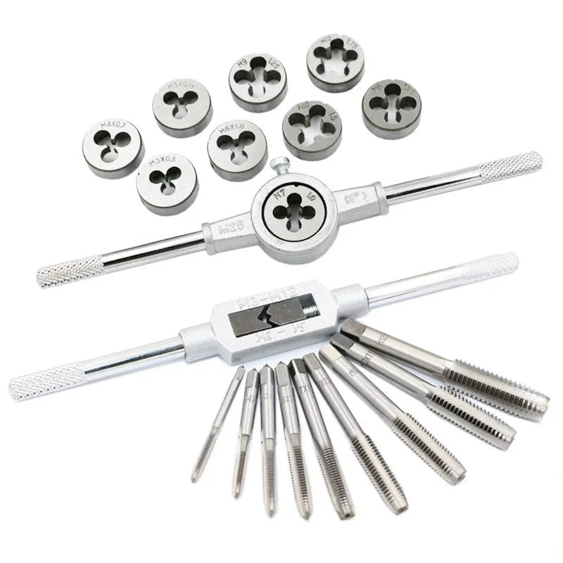 20-piece metric tap and die set with alloy steel construction and silver/titanium-plated taps