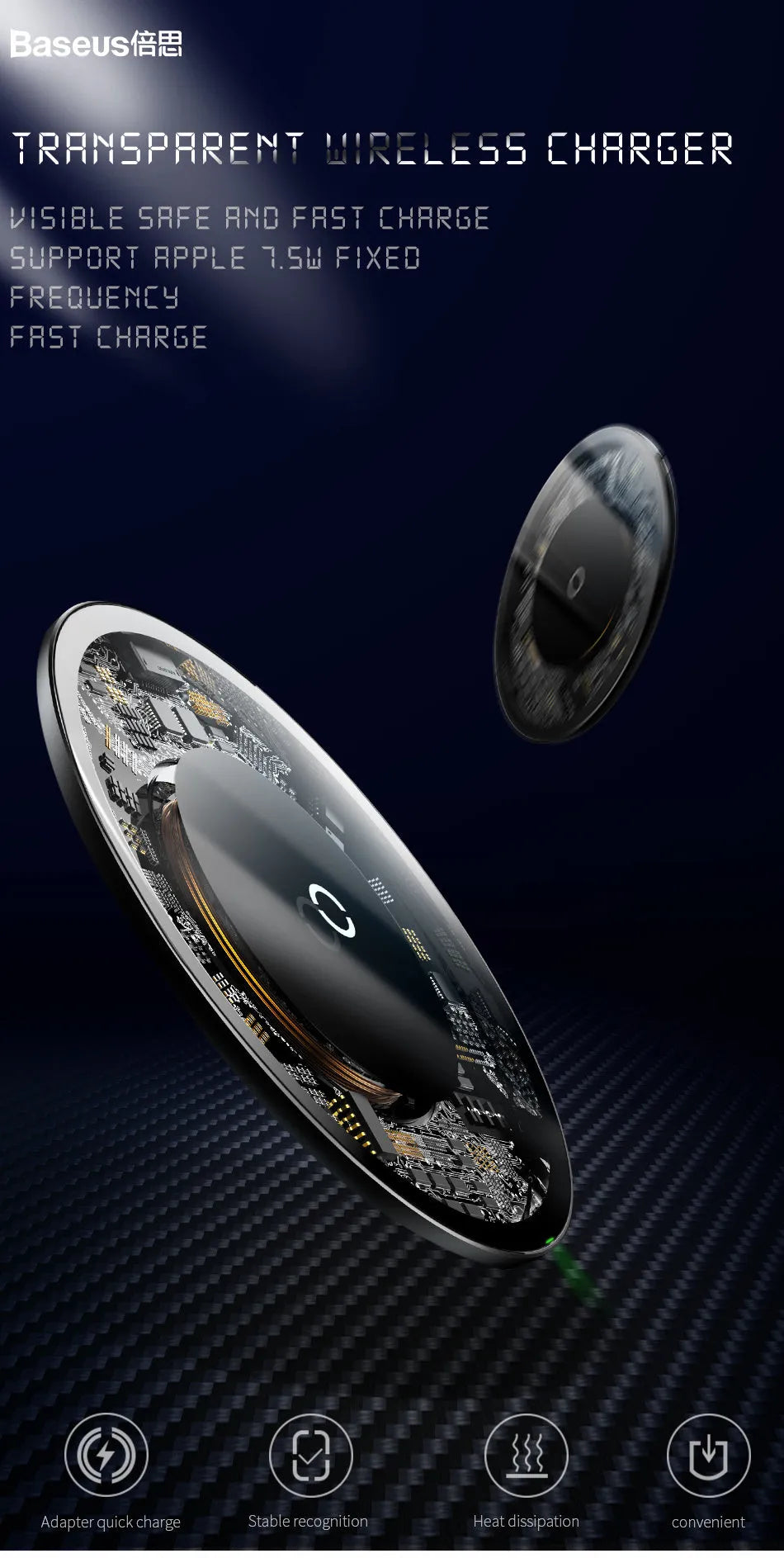 Ultra-thin glass transparent wireless charger in black, white, or transparent with 2100mA charging current.