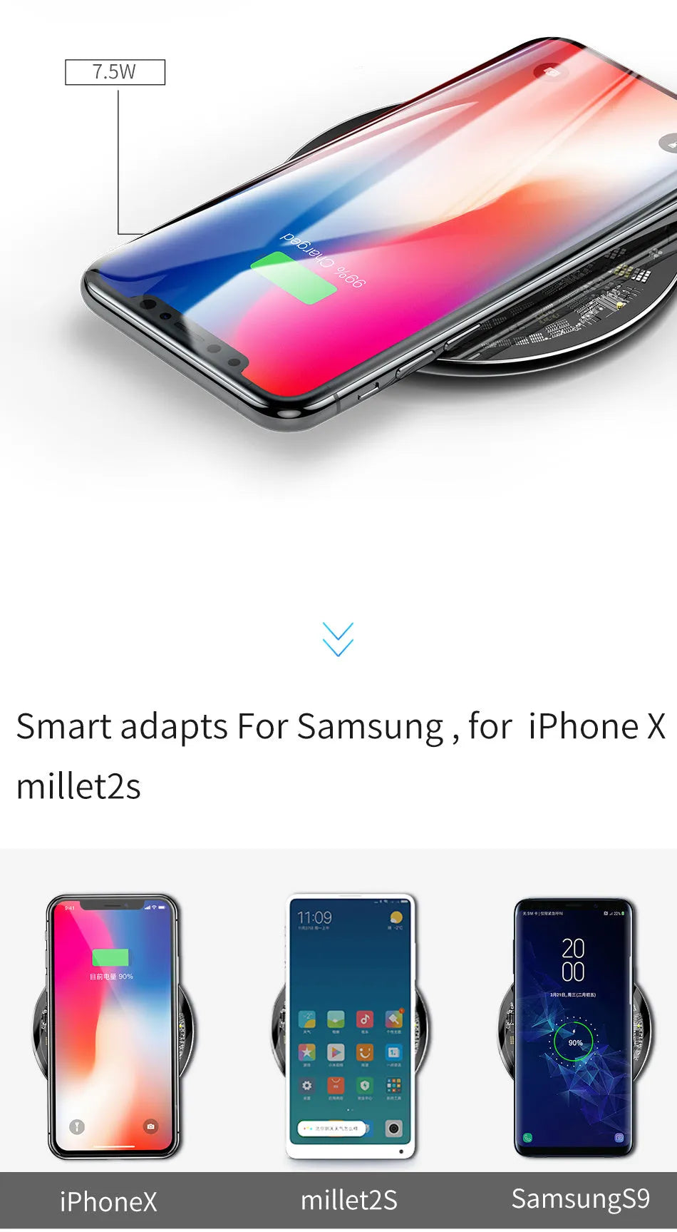 Ultra-thin glass transparent wireless charger in black, white, or transparent with 2100mA charging current.