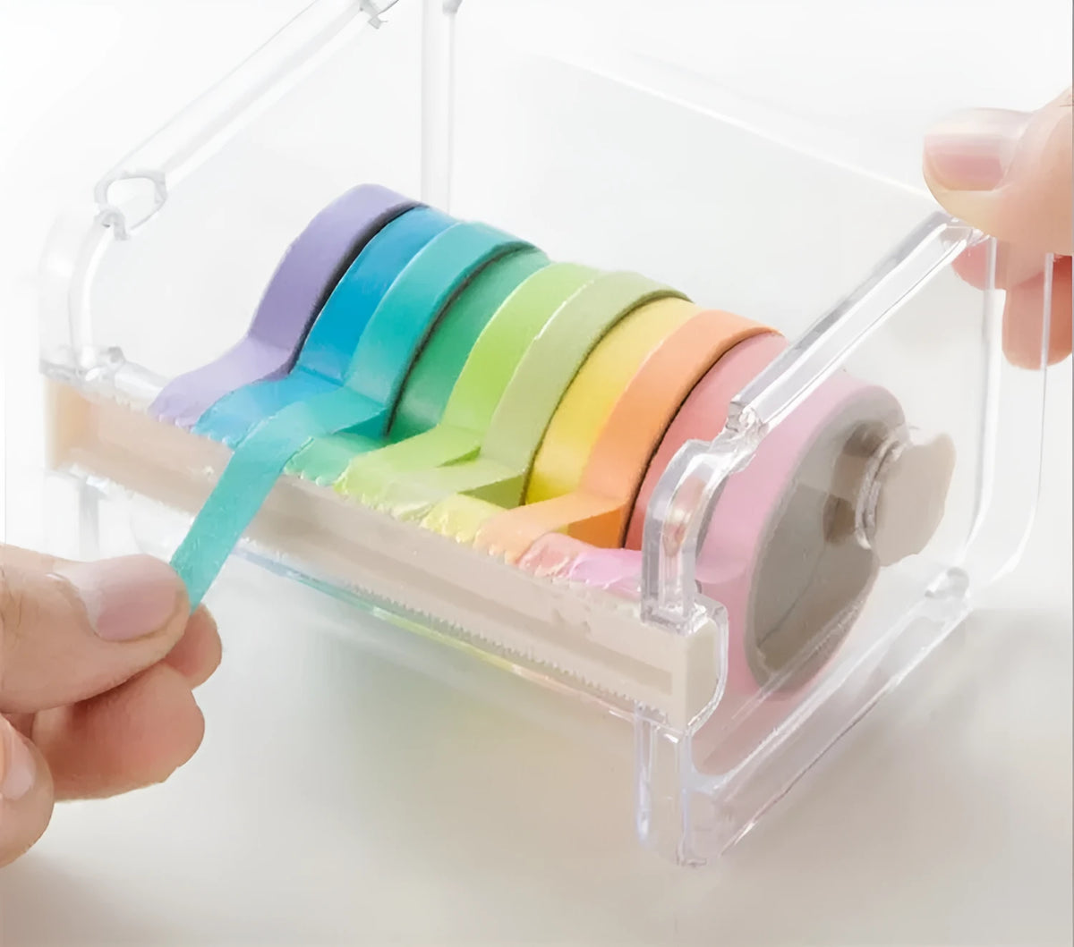 Fante plastic tape cutter storage box in beige with tape roll visible, compact Japanese-style design