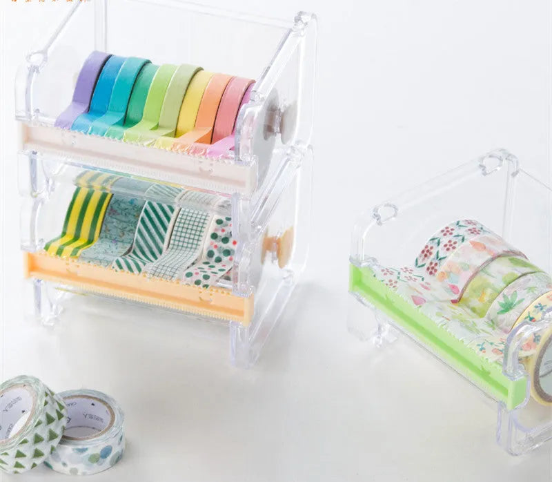 Fante plastic tape cutter storage box in beige with tape roll visible, compact Japanese-style design