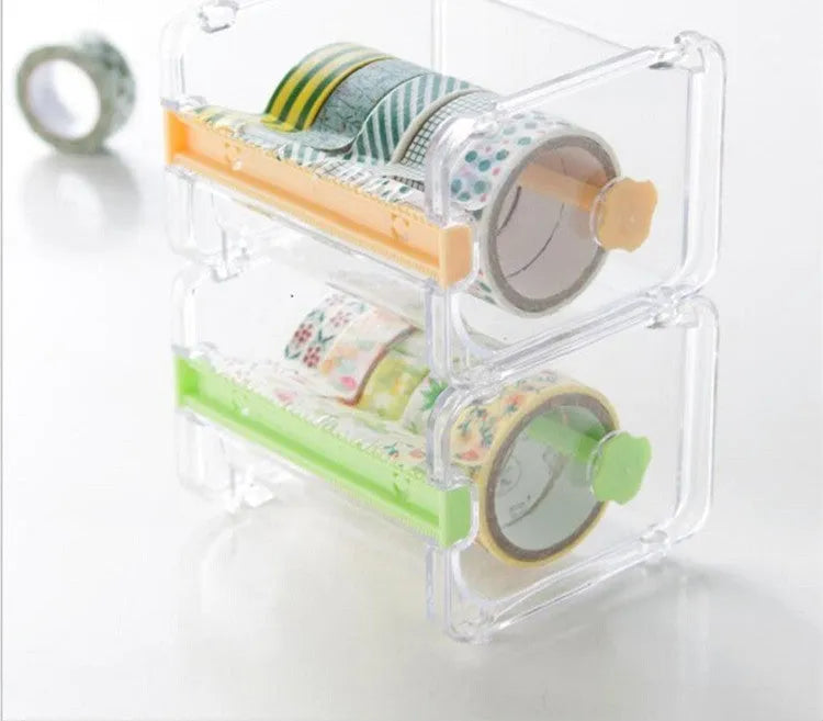 Fante plastic tape cutter storage box in beige with tape roll visible, compact Japanese-style design