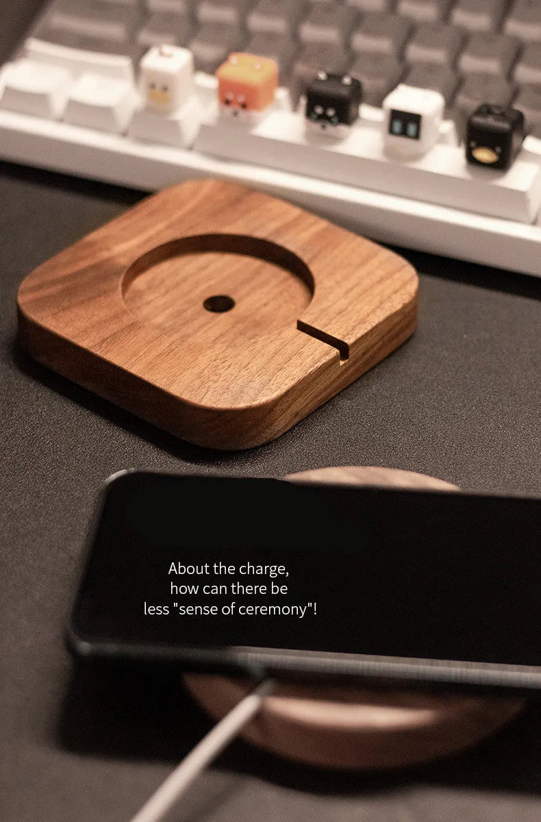Walnut wood magnetic wireless charging bracket with phone on MagSafe charger