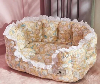 Thickened pet bed with yellow flower design for medium dogs and cats