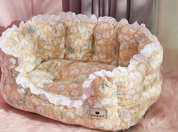 Thickened pet bed with yellow flower design for medium dogs and cats