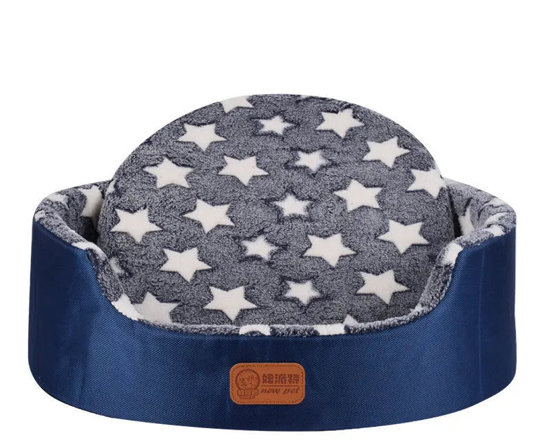 Four Seasons washable pet bed with sponge oval fossa in navy colour placed on floor
