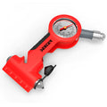 Red portable car tyre pressure gauge with integrated safety hammer, seat belt cutter, and snow shovel on a white background