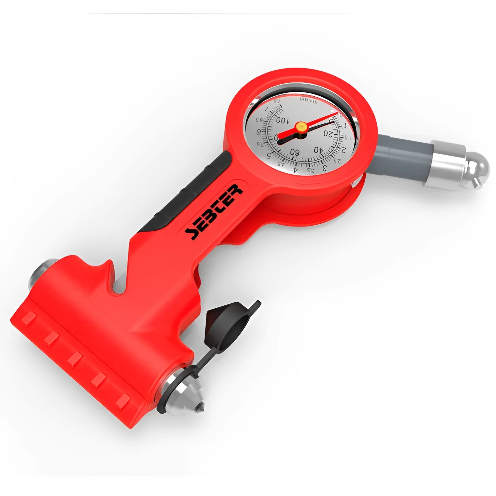 Red portable car tyre pressure gauge with integrated safety hammer, seat belt cutter, and snow shovel on a white background