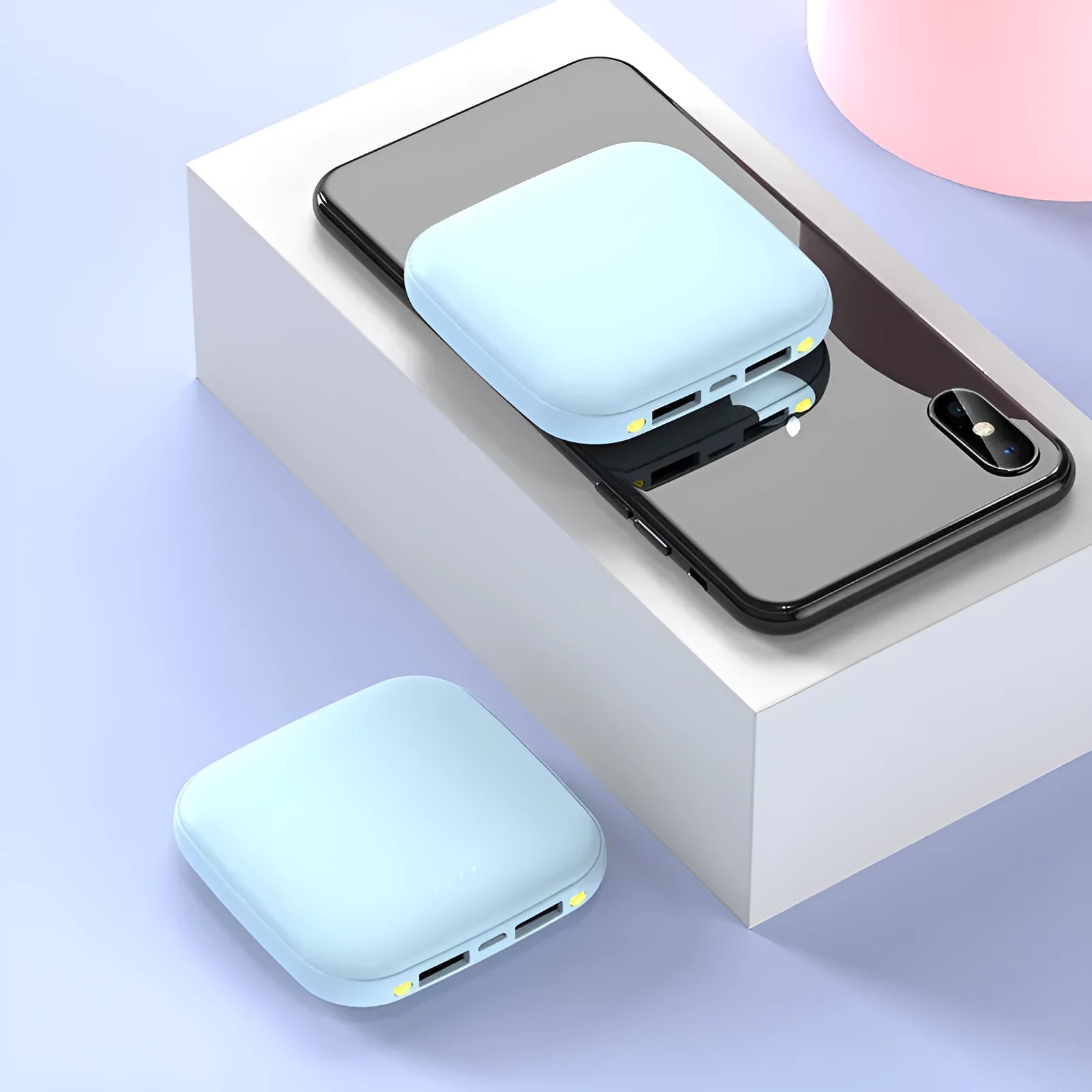 Compact square 20000mAh power bank with LED flashlight in plastic housing