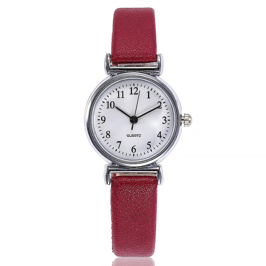 Women's classic quartz watch with round 40mm alloy case, imitation leather strap and pin buckle