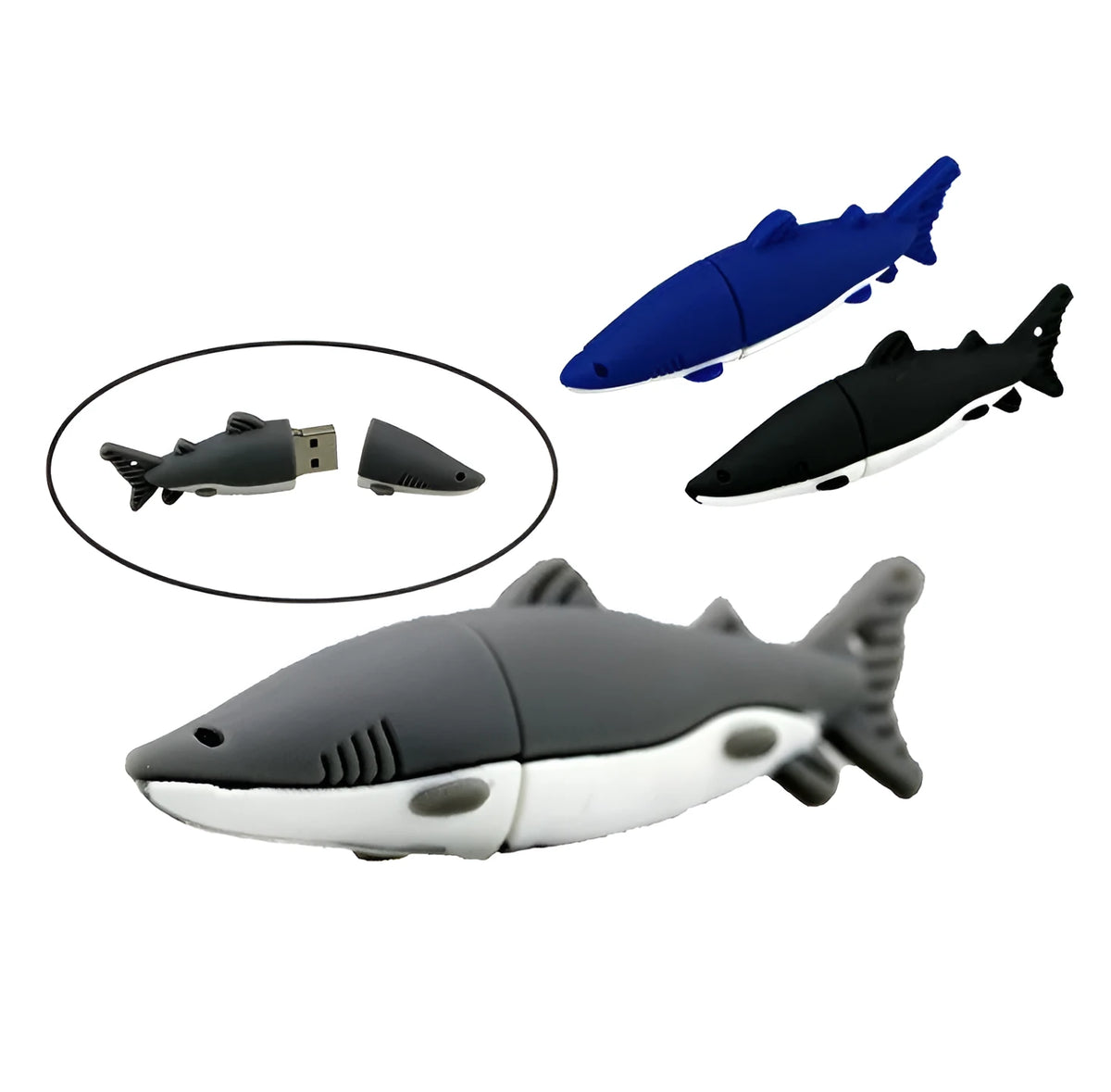 Cartoon shark USB flash drive in black, blue, or grey with PVC shell and USB 2.0 connector