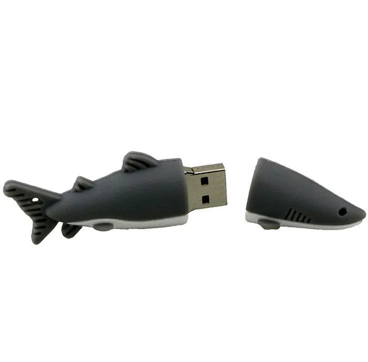 Cartoon shark USB flash drive in black, blue, or grey with PVC shell and USB 2.0 connector