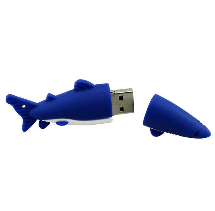 Cartoon shark USB flash drive in black, blue, or grey with PVC shell and USB 2.0 connector