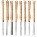 Eight chrome vanadium steel woodworking turning tools arranged in a wooden storage box.