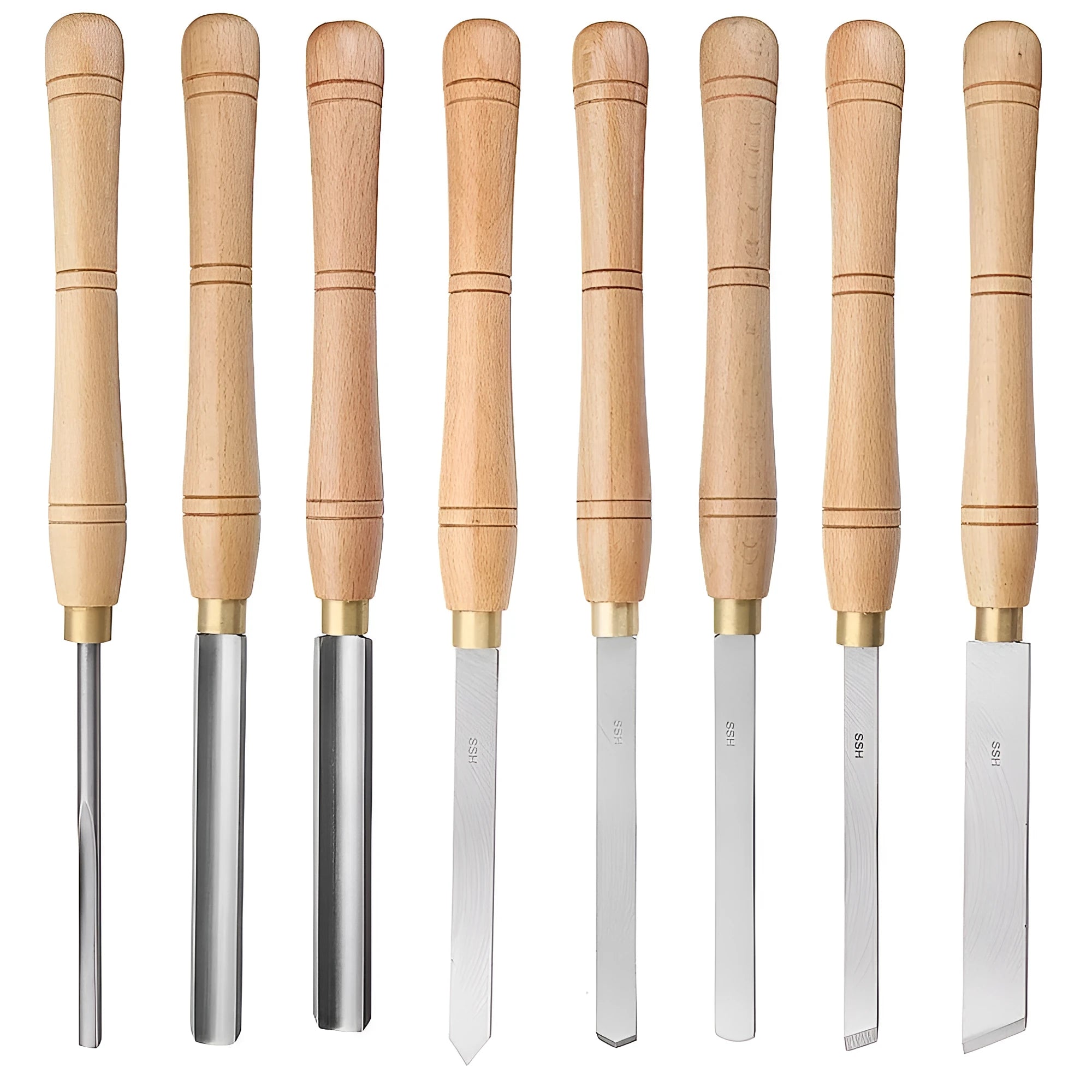 Eight chrome vanadium steel woodworking turning tools arranged in a wooden storage box.
