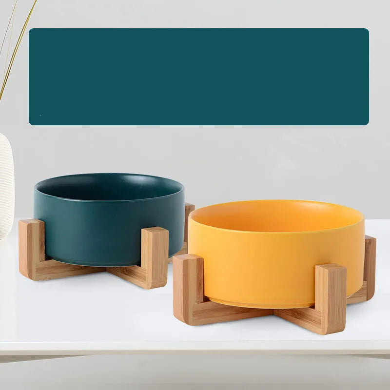 Ceramic double-bowl cat and dog food bowl with bamboo base – 13cm size