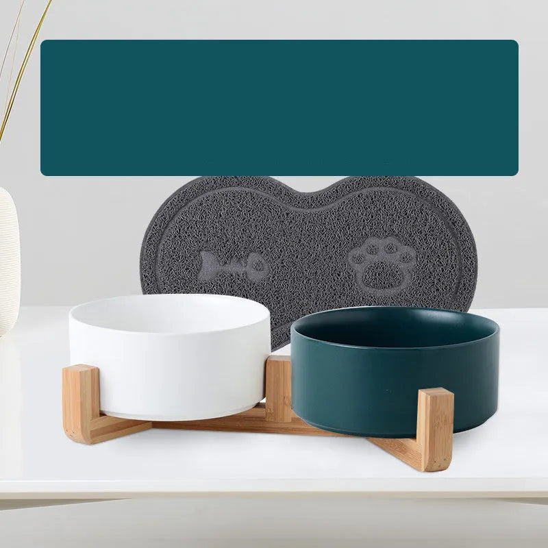 Ceramic double-bowl cat and dog food bowl with bamboo base – 13cm size