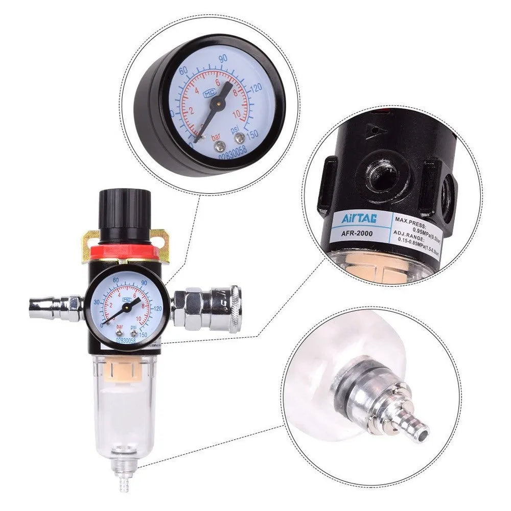 Air compressor filter regulator with moisture separator and pressure gauge for pneumatic tools