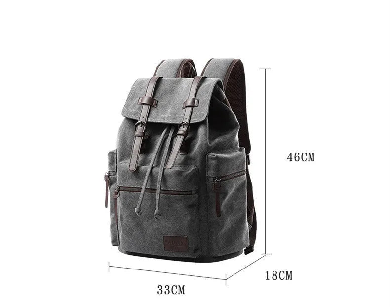 Men's retro canvas backpack in grey with colour-contrast design, large 20L capacity, soft handle, and zipper pocket