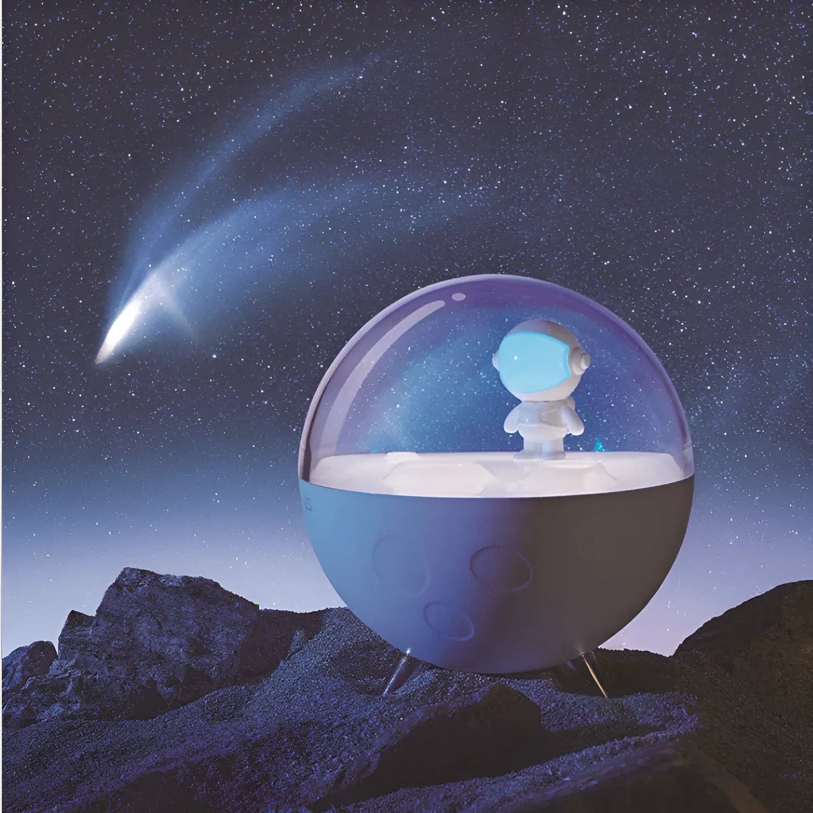 USB-powered cartoon night light with plastic shade showing blue or white LED illumination options