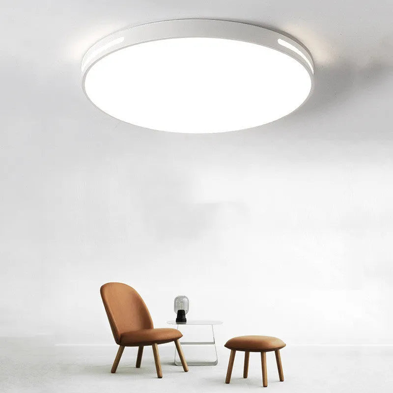 Round white LED ceiling lamp with acrylic shade and remote control for bedroom lighting