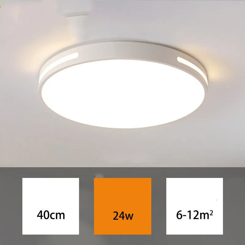 Round white LED ceiling lamp with acrylic shade and remote control for bedroom lighting
