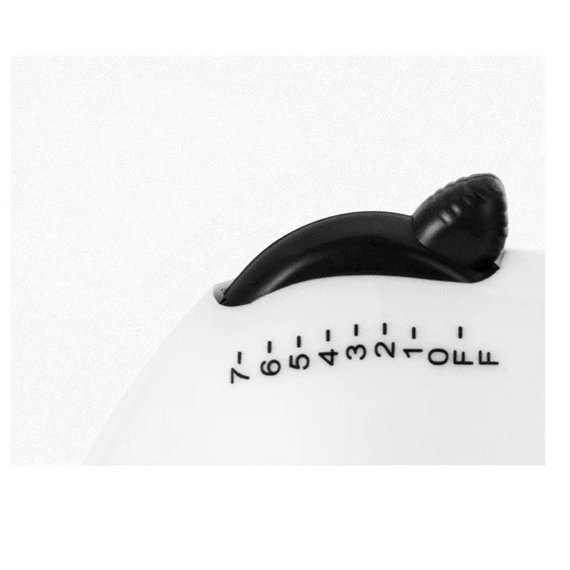 Small white automatic egg whisk 150W 7-speed handheld with three attachments on white background