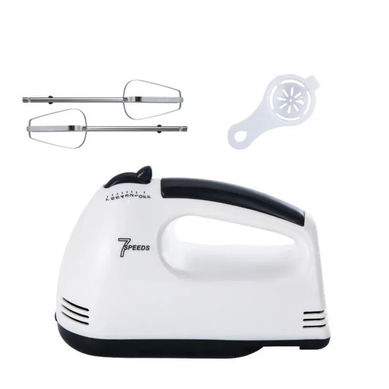 Small white automatic egg whisk 150W 7-speed handheld with three attachments on white background