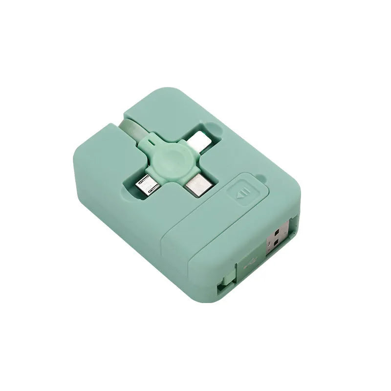 Macaron telescopic three-in-one charging cable in assorted colours showing USB, 8PIN, and TYPE-C connectors.