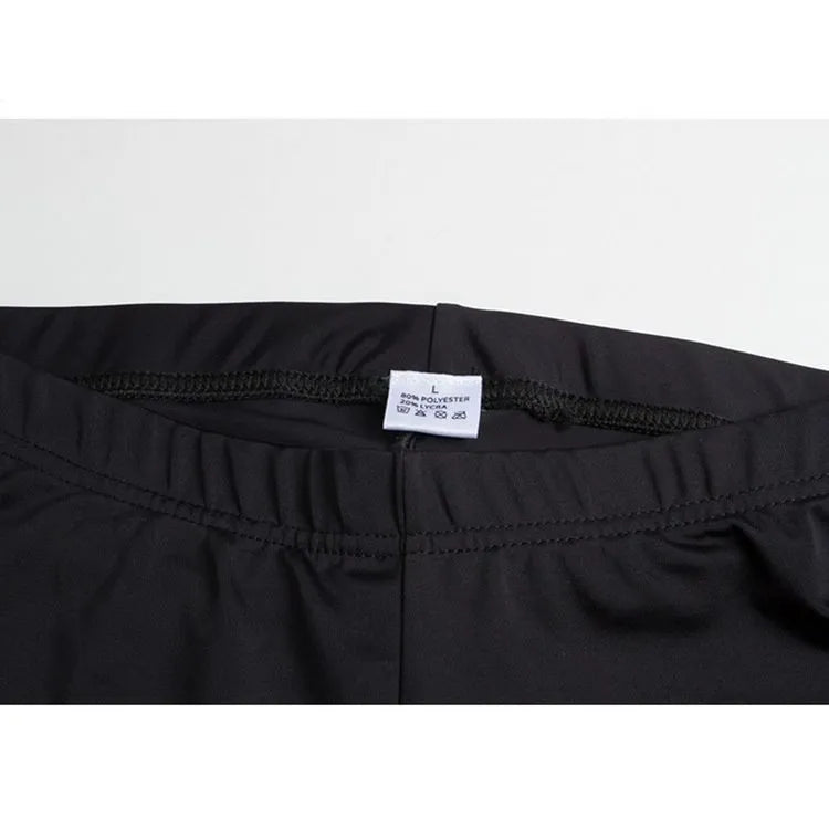 Men's black cycling shorts with silicone 3D padding, side view, made from polyester Lycra blend